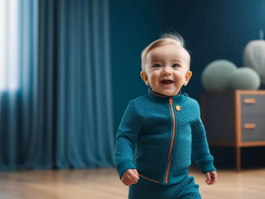Moda inclusiva para niños: outfit adaptativo vibrante y trendy Un niño sonriente viste ropa adaptativa para niños en un ambiente luminoso y contemporáneo