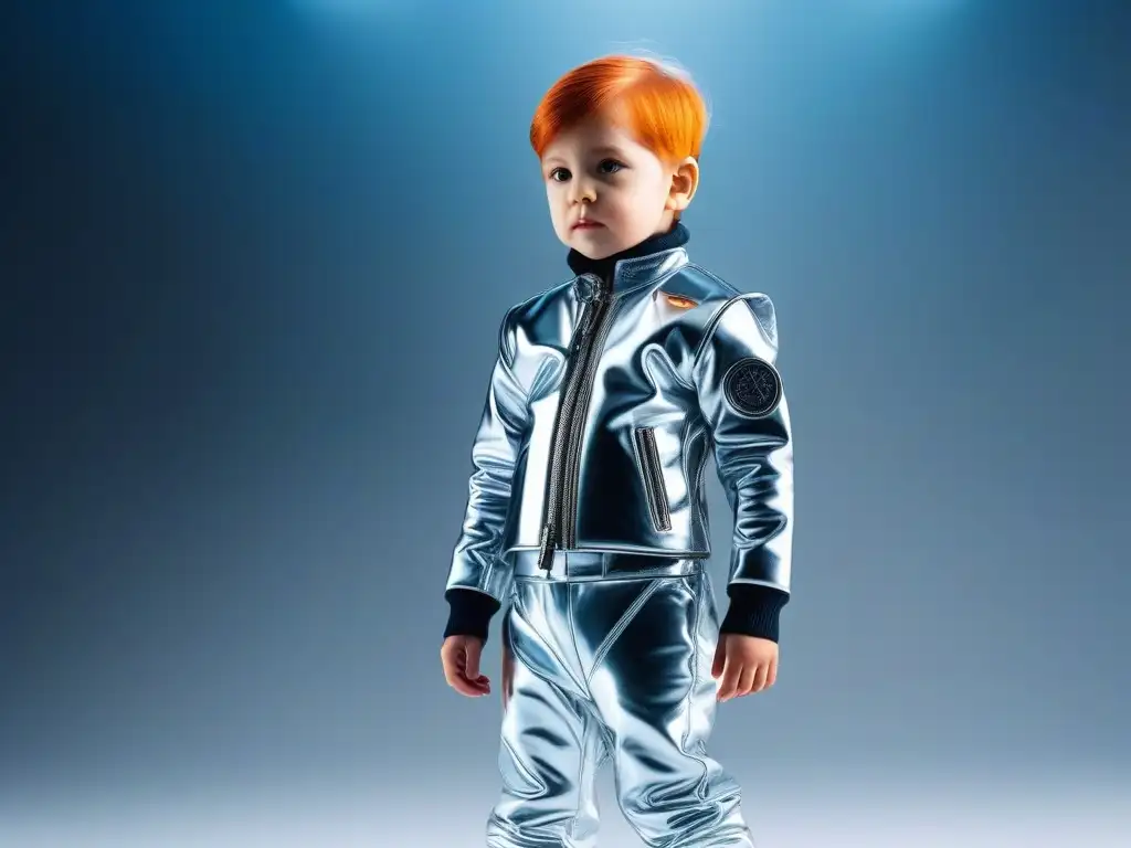 Moda infantil futurista: diseño vanguardista en un escenario hightech Un niño viste un traje futurista de materiales innovadores en moda infantil, en un escenario hightech y minimalista