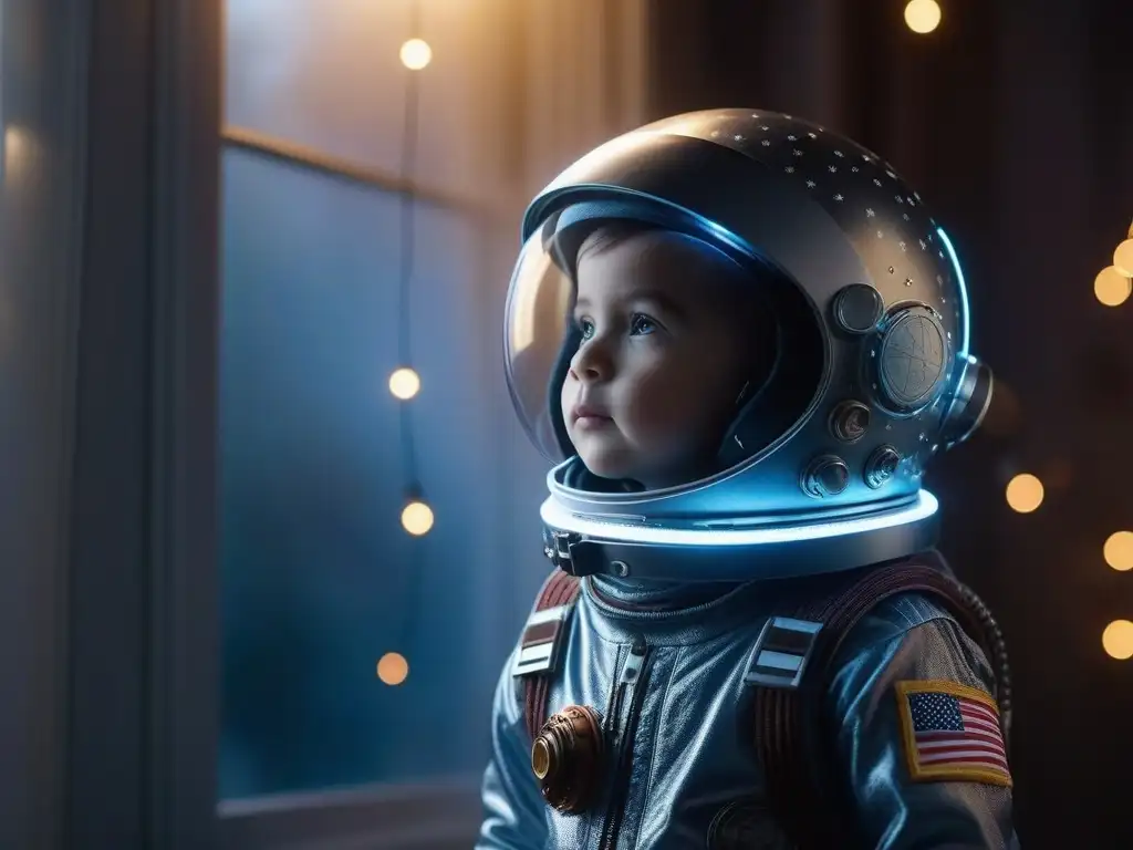 Niño astronauta con vista estelar Un niño único en su traje de astronauta casero, con expresión de asombro, mirando el cosmos