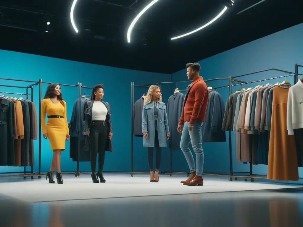 Niños altos probando ropa trendy en boutique moderna Niños altos felices probándose ropa moderna en boutique iluminada