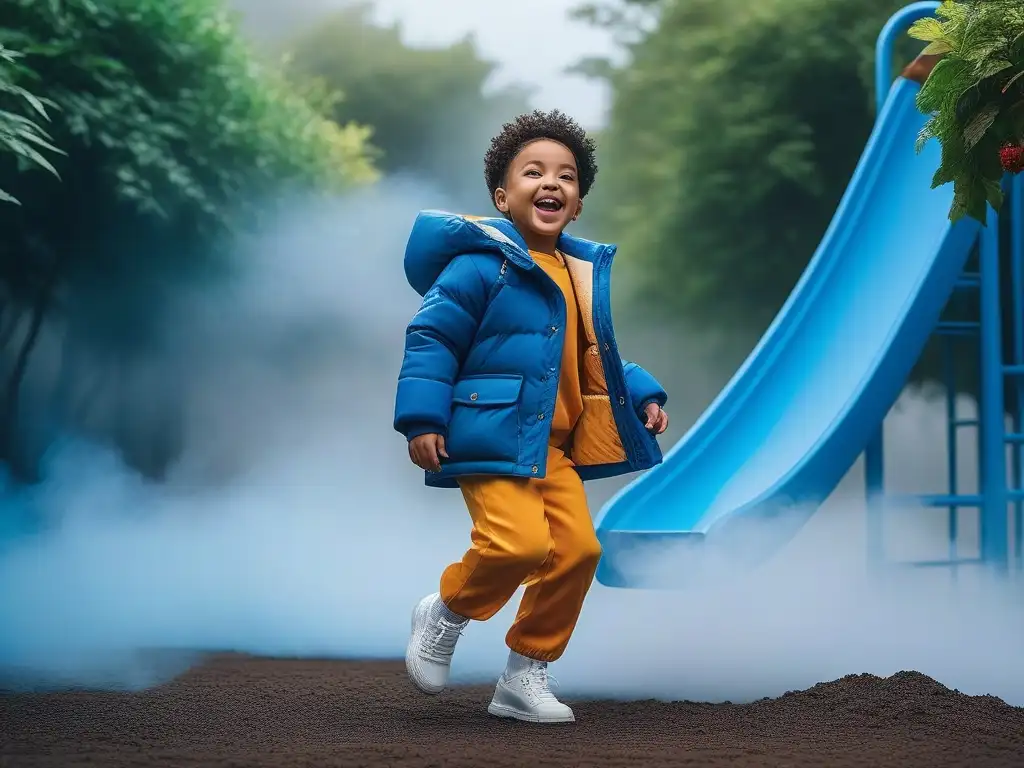 Niños felices y diversos jugando juntos en un parque inclusivo Niños diversos y felices juegan en un parque inclusivo, vistiendo ropa de Certificación marca moda infantil inclusiva