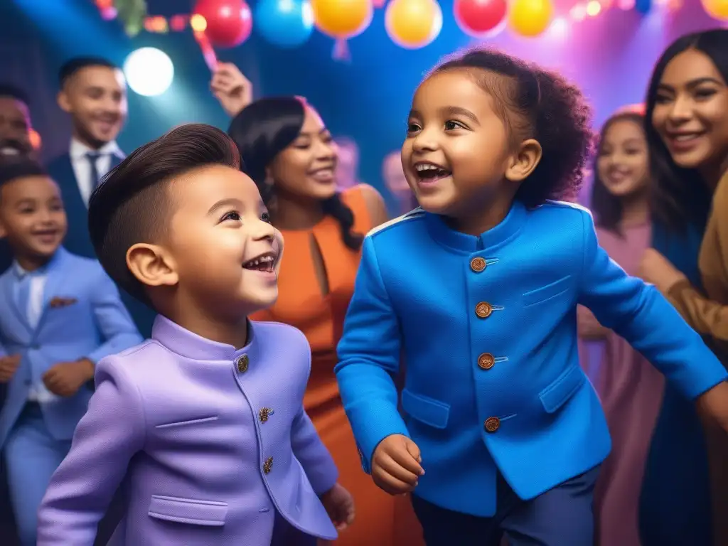 Niños celebrando la diversidad con estilo en fiesta inclusiva Niños diversos en fiesta inclusiva con ropa fiesta infantil tallas especiales