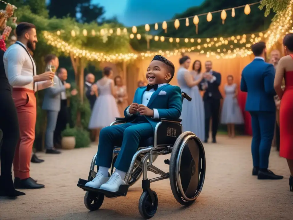 Niños felices celebran juntos en un ambiente festivo y diverso Niños diversos en sillas de ruedas y trajes de fiesta, disfrutando juntos en ambiente festivo
