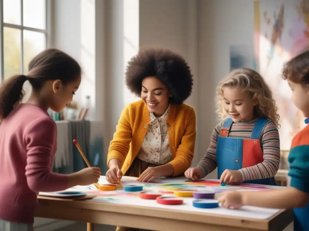 Jóvenes artistas crean moda única en estudio lleno de color Niños en estudio creativo, expresando moda infantil con alegría y diversión