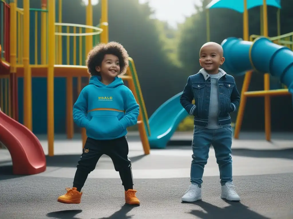 Niños felices jugando en un parque colorido: moda inclusiva Niños de diversas etnias y géneros juegan felices en un parque colorido, representando la diversidad en marcas moda infantil diversidad género