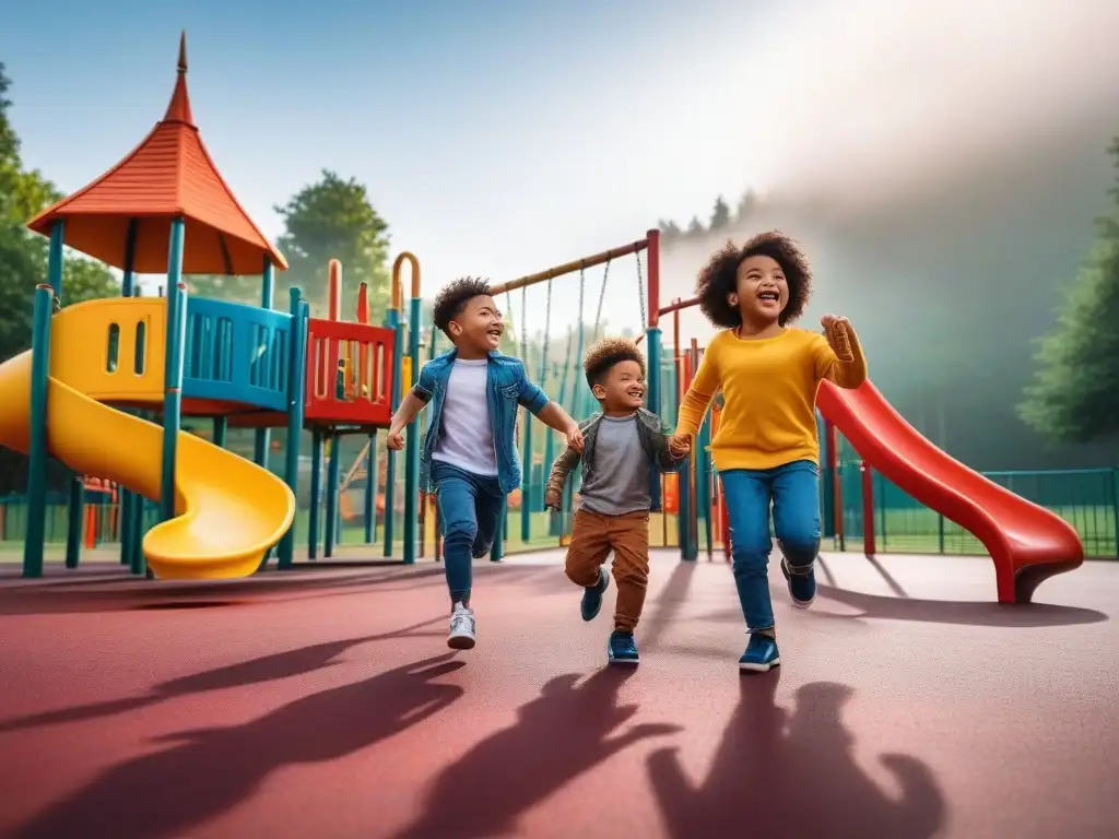 Niños felices y diversos en un parque inclusivo Niños de diferentes etnias y habilidades juegan felices en un parque inclusivo