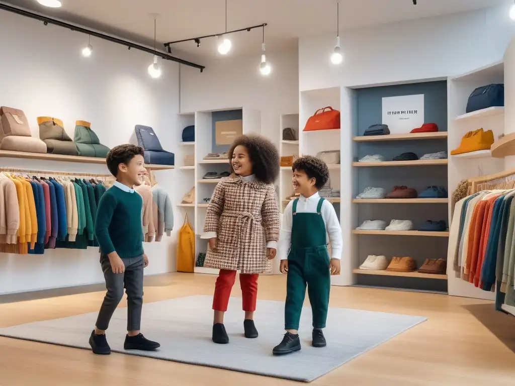 Moda sostenible para niños: Alegría y diversidad en la tienda Niños de diversas etnias y habilidades juegan felices en una tienda de moda sostenible para niños, mostrando inclusión y alegría