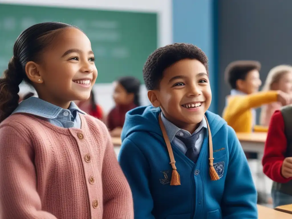 Alegre diversidad: niños felices en aula inclusiva y colorida Diversos niños de diferentes etnias sonriendo y riendo juntos, vistiendo moderna moda infantil para regreso a clases en alegre aula colorida