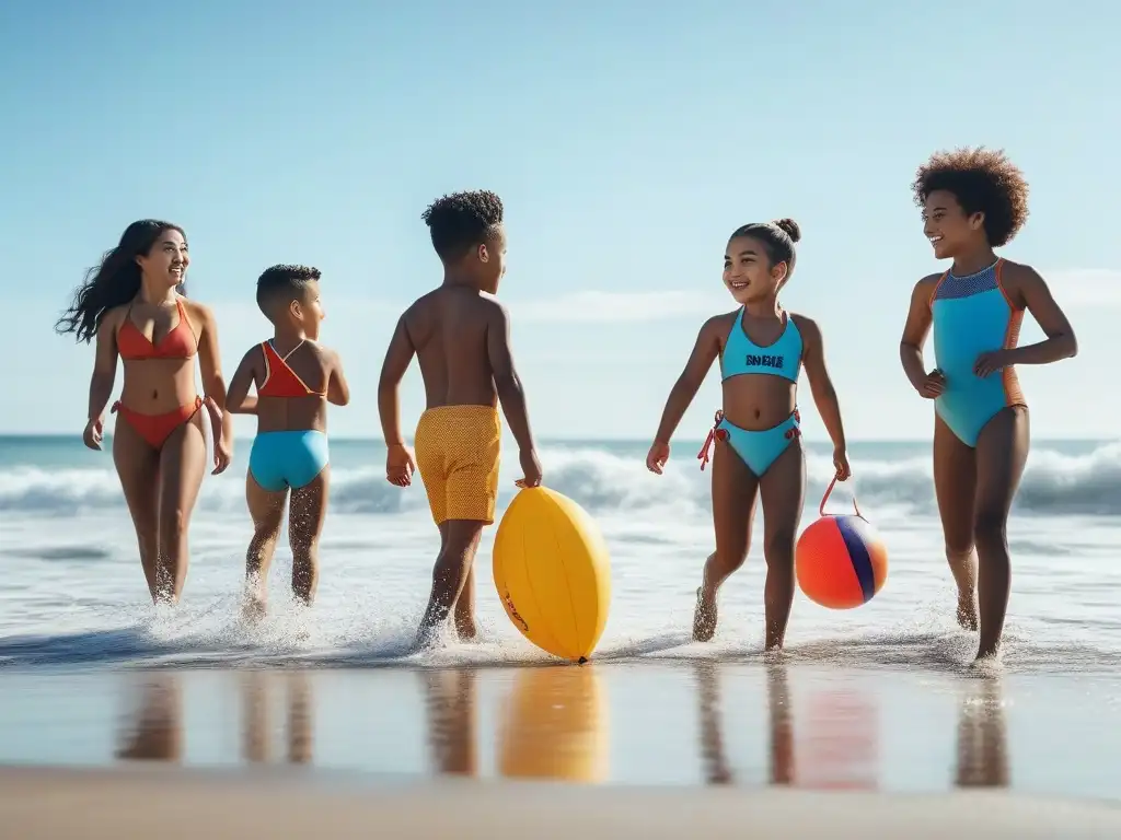 Diversión inclusiva: niños felices en la playa Niños felices de diferentes etnias y habilidades jugando en la playa con ropa de baño de marcas inclusivas
