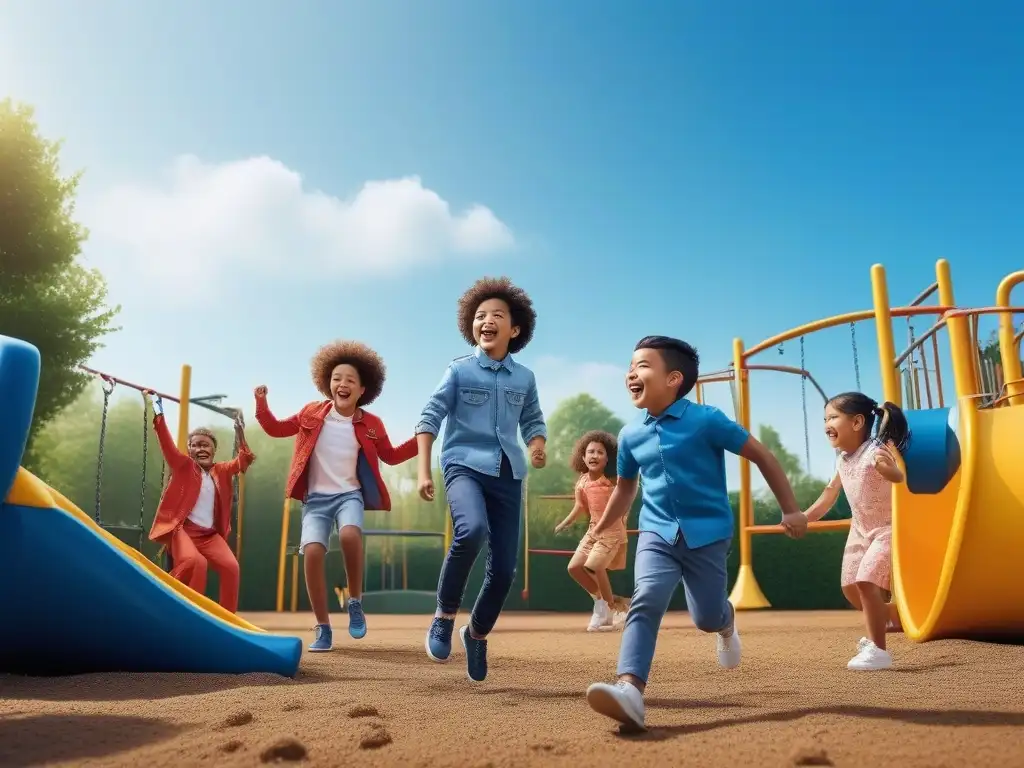 Niños felices y diversos juegan juntos en un parque colorido Niños felices y diversos jugando juntos en un parque, luciendo ropa duradera y estilosa