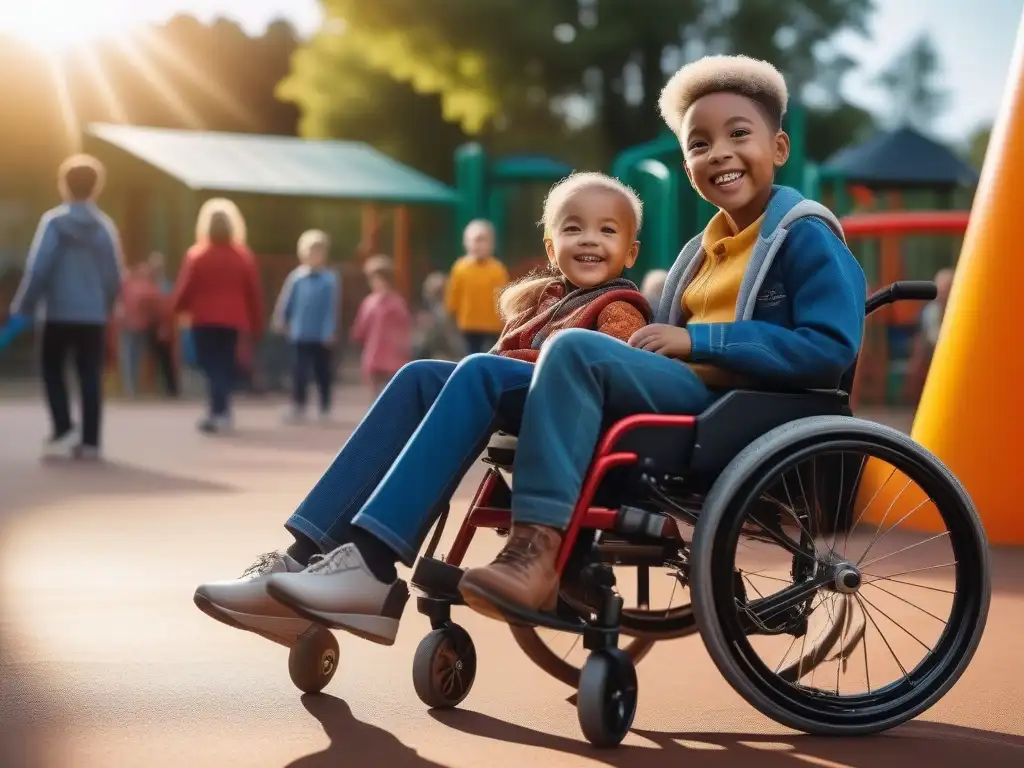 Niños felices jugando juntos en un parque inclusivo al atardecer Niños felices juegan juntos en parque inclusivo al atardecer, vistiendo moda inclusiva y sostenible