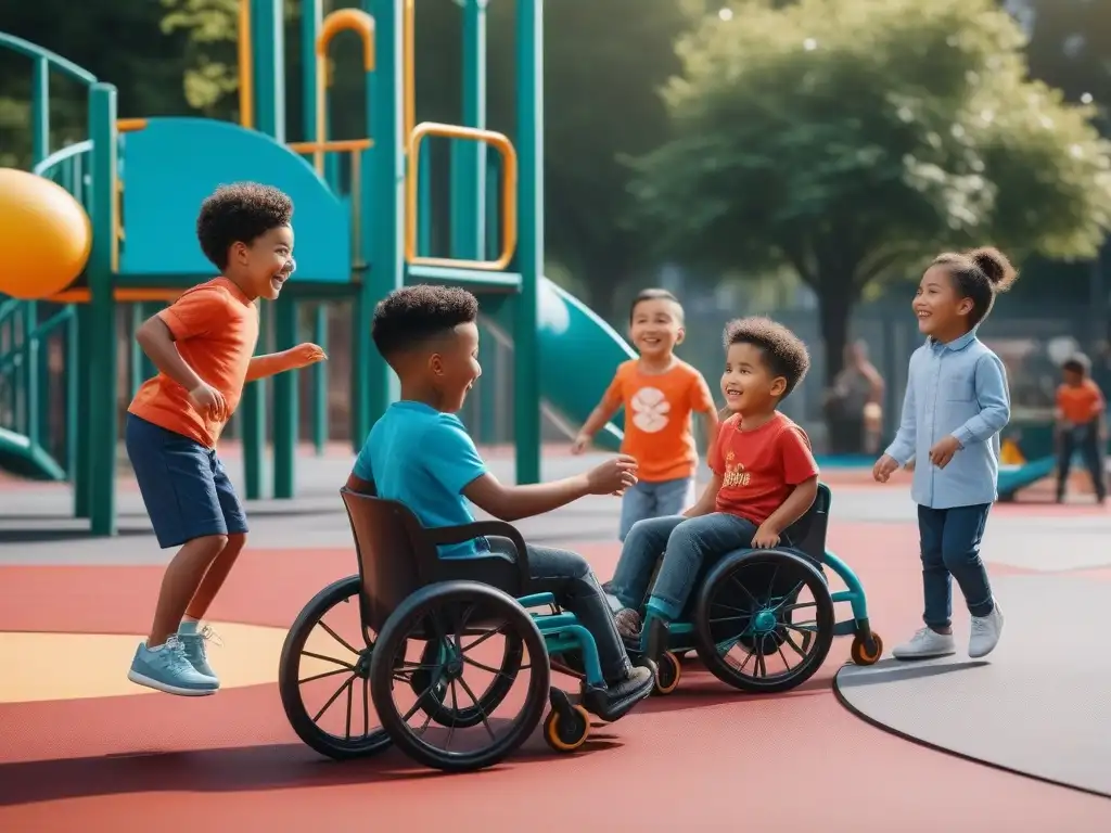 Parque inclusivo: niños felices jugando juntos Niños felices jugando juntos en un parque inclusivo, con moda infantil adaptativa para niños