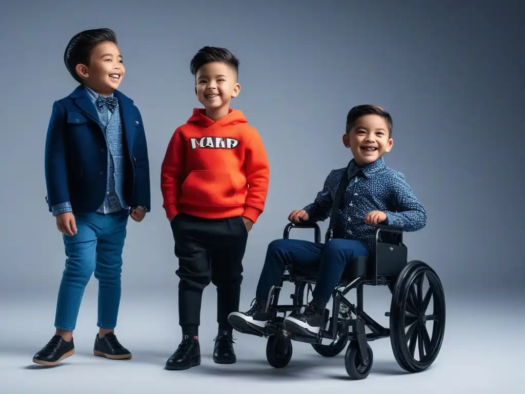 Moda infantil inclusiva: niños felices lucen ropa adaptativa Niños felices luciendo moda infantil inclusiva para familias en ambiente moderno y alegre