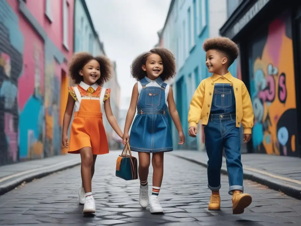Moda infantil colaborativa: diversidad y creatividad en la ciudad Niños felices lucen moda infantil colaboraciones beneficios impacto, caminando por una calle vibrante