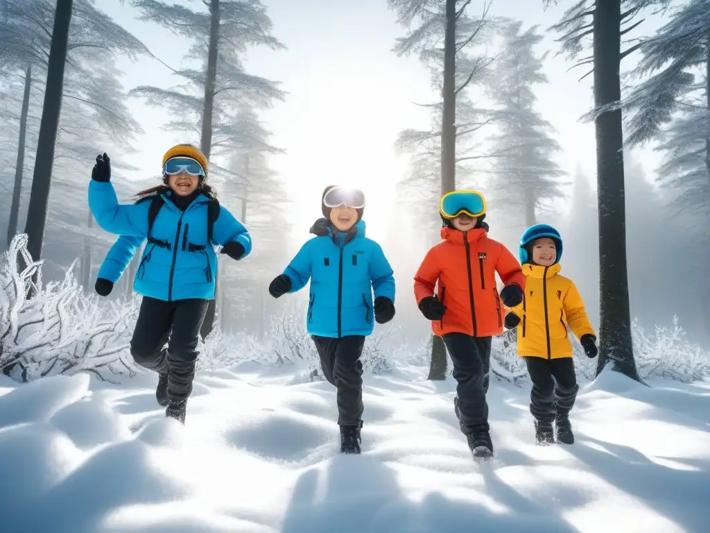 Niños felices disfrutan la nieve en un bosque mágico Niños felices jugando en la nieve con ropa infantil climas extremos protegidos
