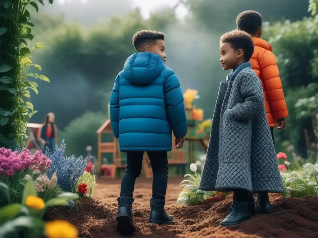 Niños felices jugando en parque ecológico con moda sostenible Niños felices jugando en un parque ecológico con moda infantil sostenible y adaptable