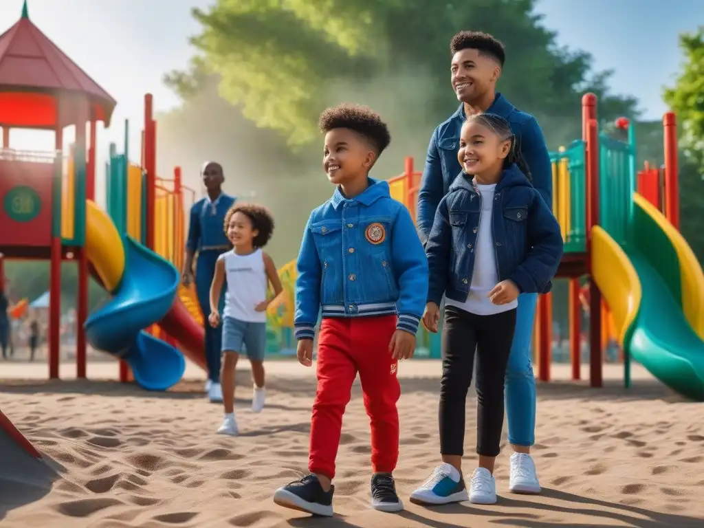 Parque inclusivo: niños felices y diversos jugando juntos Niños diversos juegan felices en un parque inclusivo y colorido, vistiendo marcas de moda infantil