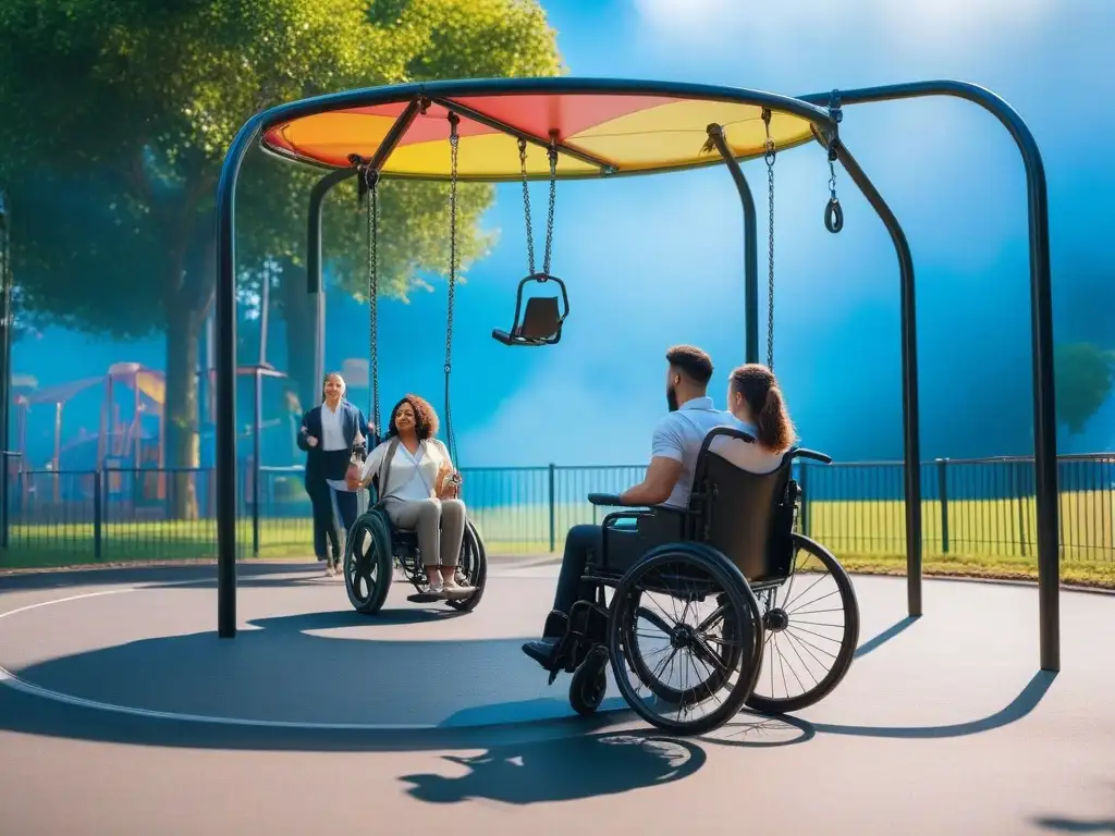 Parque inclusivo: niños felices jugando juntos bajo el arcoíris Niños felices juegan en un parque inclusivo con columpios accesibles y tableros de comunicación en lenguaje de señas bajo un cielo azul y arcoíris