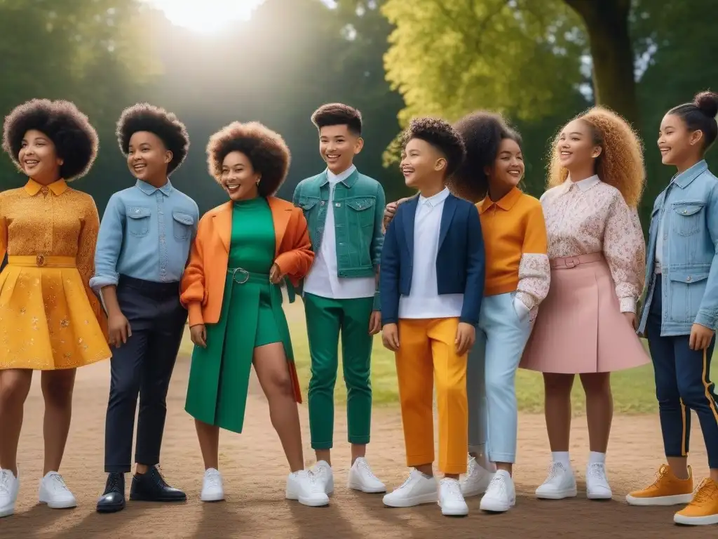Niños diversos disfrutan la moda inclusiva en el parque Niños diversos juegan felices en el parque con moda infantil inclusiva, promoviendo autoestima y desarrollo