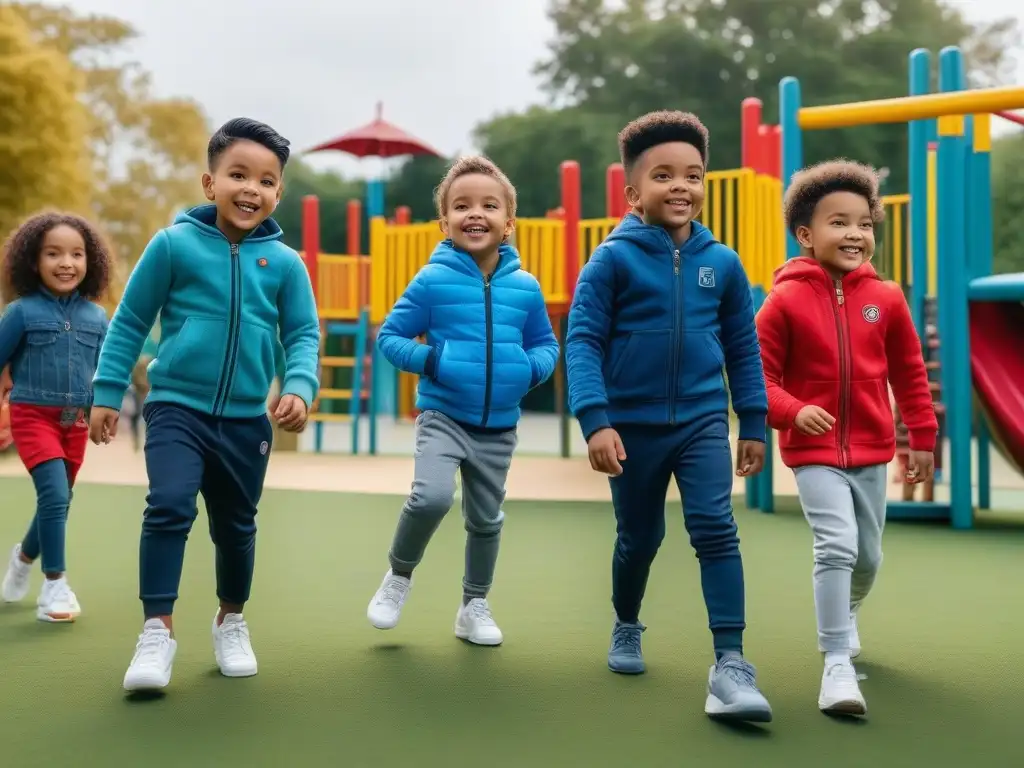 Moda infantil inclusiva: niños felices y diversos jugando juntos Niños diversos juegan felices en un parque con moda infantil inclusiva y diversa