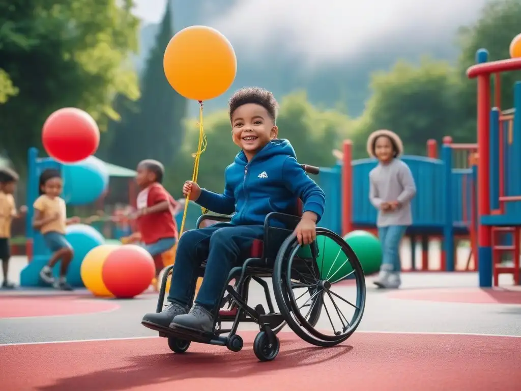 Niños felices y diversos disfrutan juntos en un parque inclusivo Niños diversos juegan felices en un parque moderno