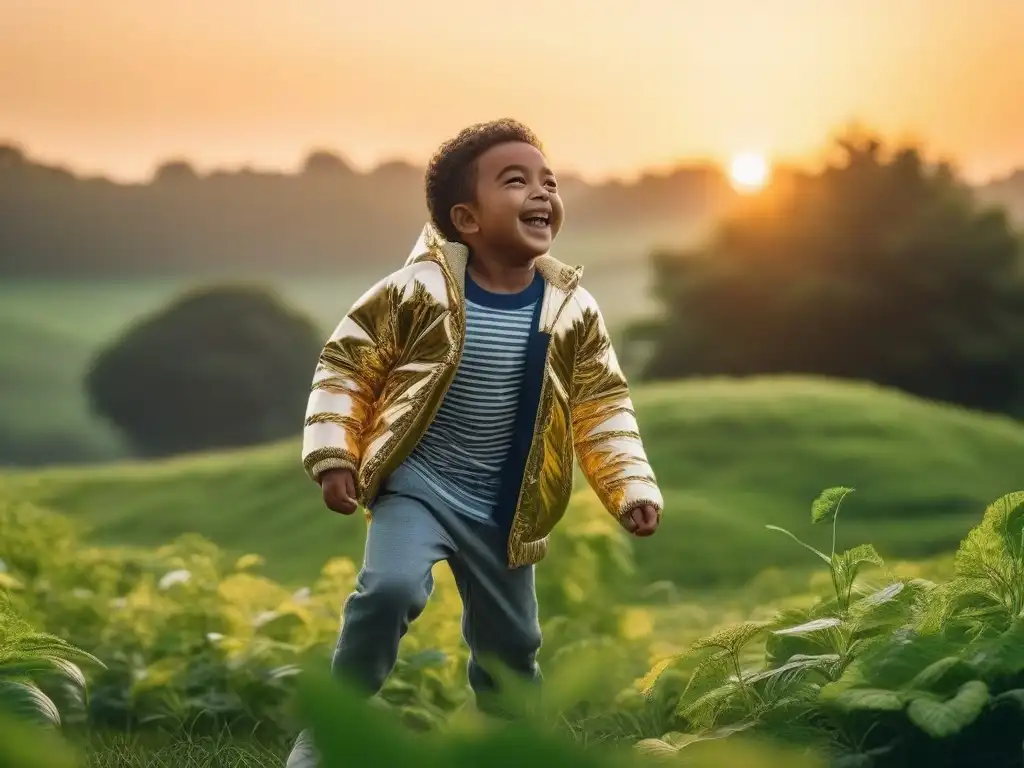 Niños felices juegan en parque sostenible al atardecer Niños felices juegan en parque con ropa sostenible, reflejando alegría, libertad y conciencia ambiental