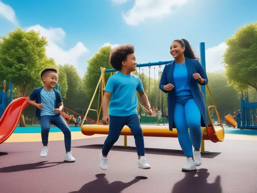 Niños diversos juegan felices en un parque con ropa adaptativa inclusiva