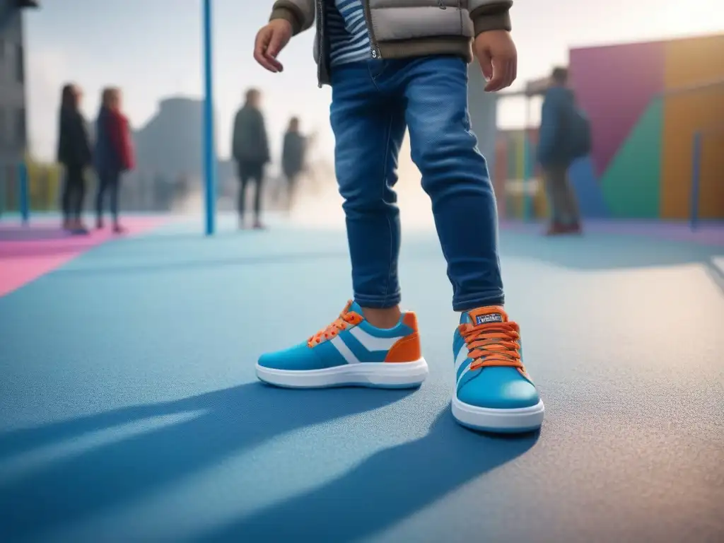 Niños felices jugando con zapatos anchos y coloridos en un parque moderno Niños felices juegan en un parque con zapatos cómodos de colores vibrantes, ideales para pies anchos