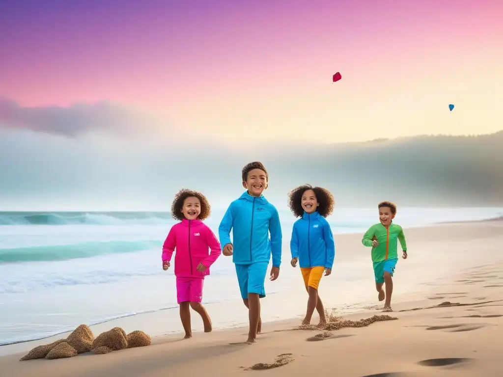 Niños felices y seguros con ropa UPF en la playa al atardecer Niños felices juegan en la playa al atardecer con Ropa UPF niños protección solar