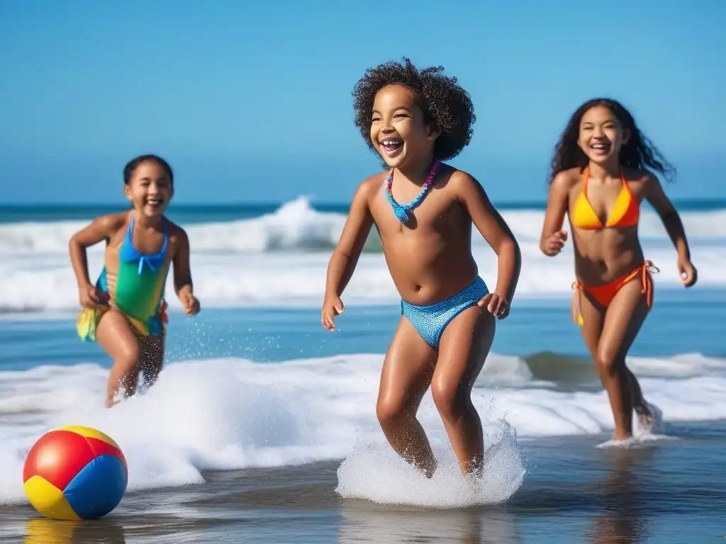 Niños diversos y felices jugando en la playa Diversos niños juegan felices en la playa usando trajes de baño inclusivos
