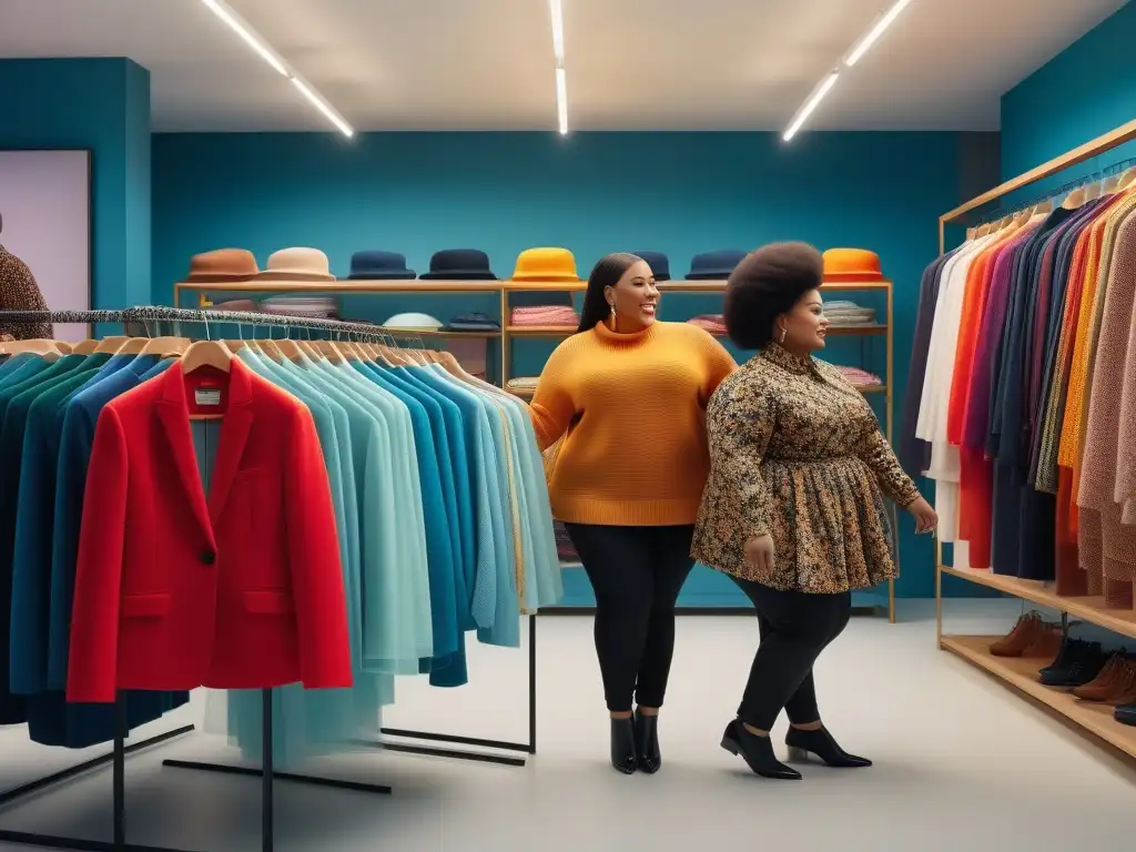 Niños felices en boutique de moda plussize: diversidad y autoexpresión Niños felices probándose ropa plus size en boutique moderna y inclusiva