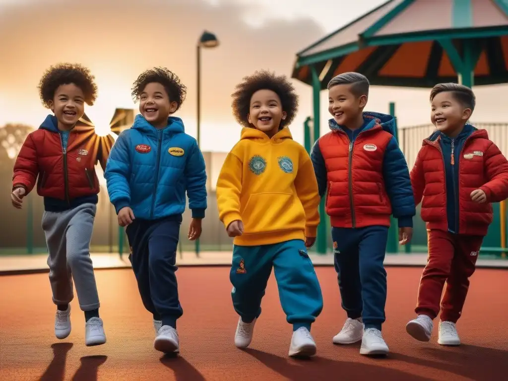 Niños felices y diversos jugando juntos en un parque inclusivo al atardecer Niños diversos juegan juntos en parque inclusivo al atardecer, irradiando alegría y aceptación