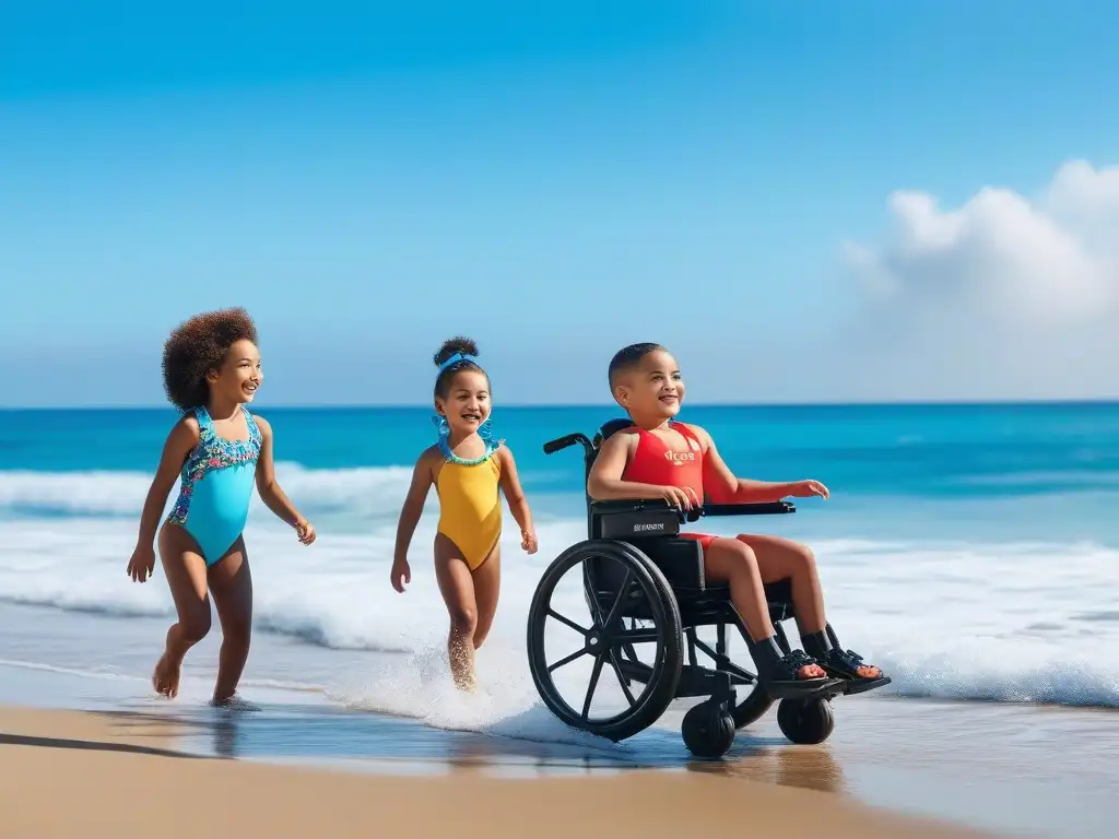 Niños felices disfrutan juntos en la playa con moda inclusiva Niños diversos disfrutan juntos en la playa con ropa de baño inclusiva de marcas top