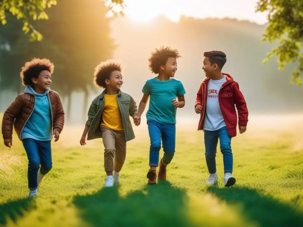 Niños felices y diversos en parque sostenible Niños diversos visten moda infantil sostenible para futuros conscientes, riendo y jugando en un parque verde al atardecer