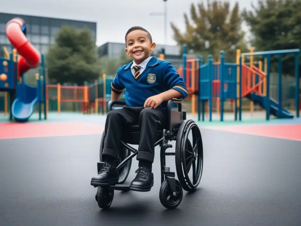Niños con necesidades especiales felices en un patio inclusivo de la escuela Niños con necesidades especiales felices jugando en el patio de una escuela con uniformes adaptados