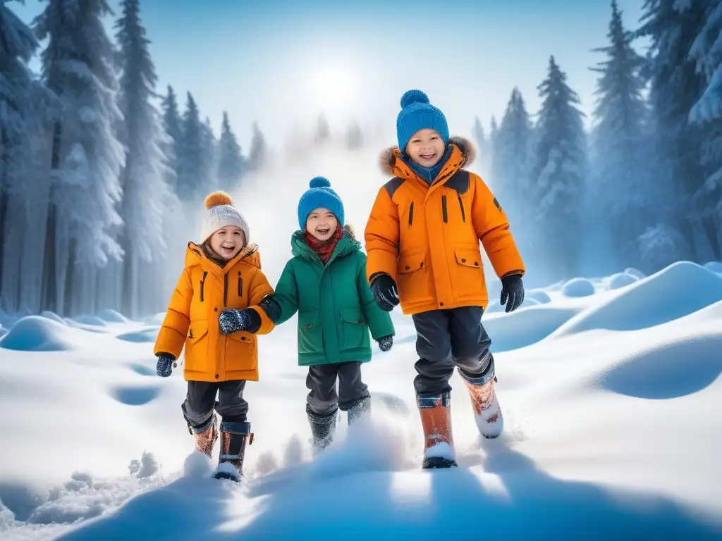 Diversión invernal: niños felices jugando en la nieve Niños disfrutan en la nieve con Ropa infantil climas extremos protegidos