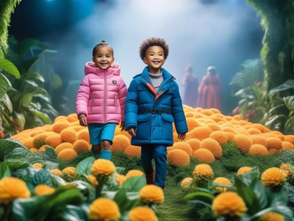 Moda sostenible para niños: desfile ecoamigable Niños de distintos orígenes juegan felices en una pasarela sostenible, luciendo moda ecoamigable