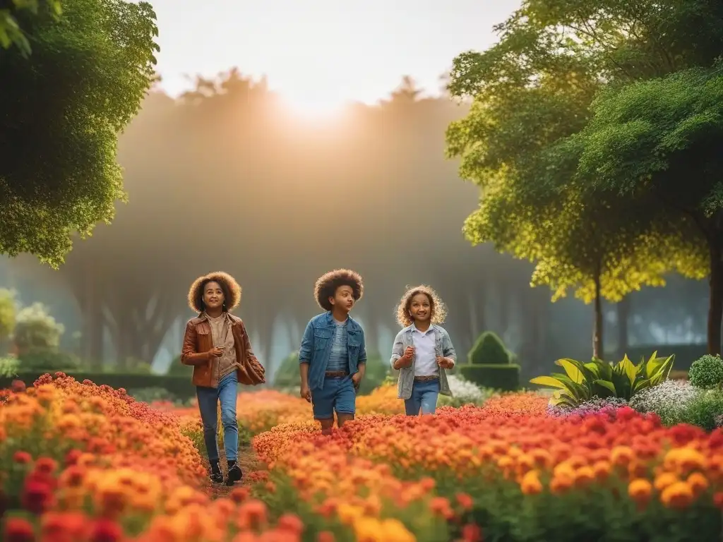 Niños jugando en parque sostenible al atardecer Niños en parque con moda infantil sostenible para futuros conscientes
