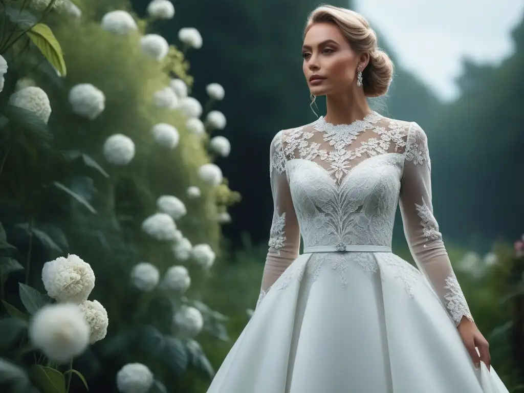 Elegante novia eco en jardín verde - vestido sostenible de ensueño Una novia elegante en un jardín rodeada de flores y árboles, luciendo un vestido de novia ecoconsciente y sostenible