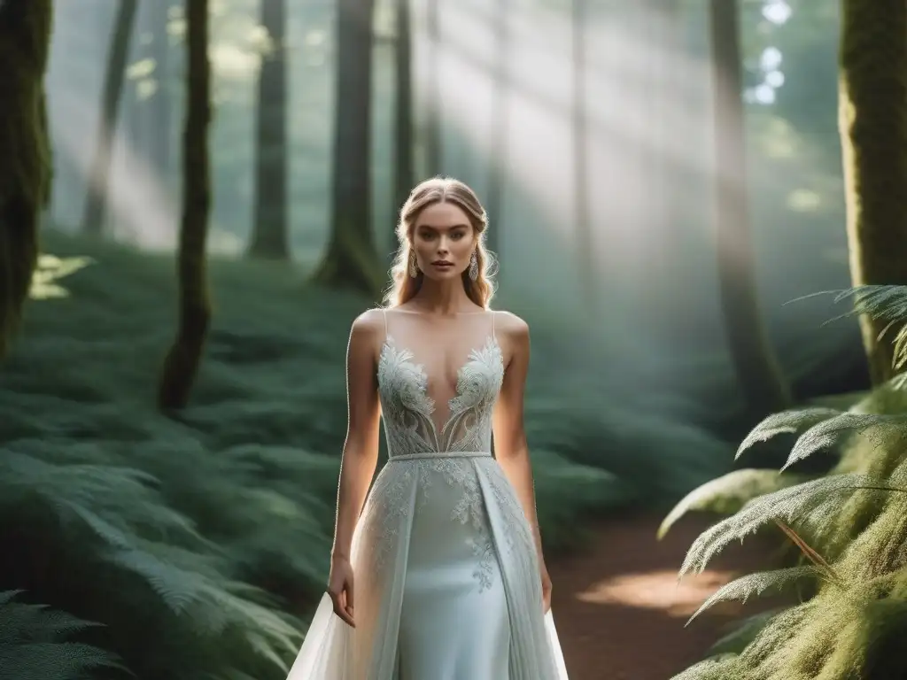 Boda eco: novia en vestido sostenible en bosque verde Una novia radiante en un bosque verde, con un vestido de novia ecoconsciente sostenible que resalta su belleza natural