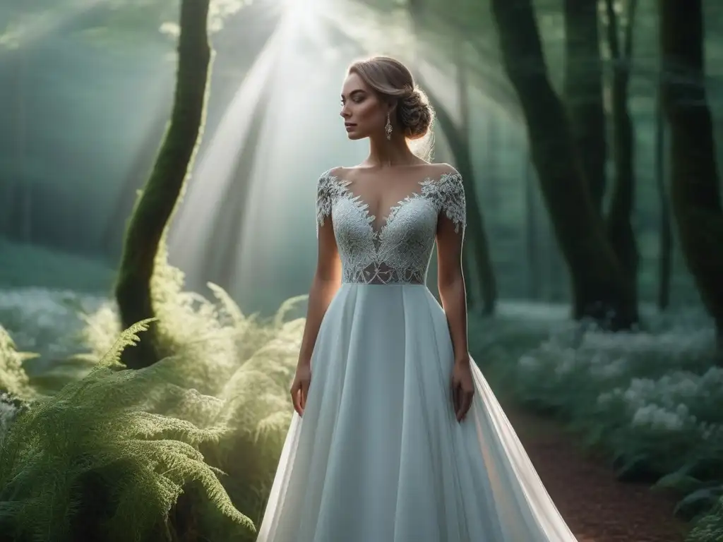 Novia eco en bosque mágico: vestido sostenible de ensueño Novia en bosque sostenible con vestido ecoconsciente de encaje y algodón orgánico