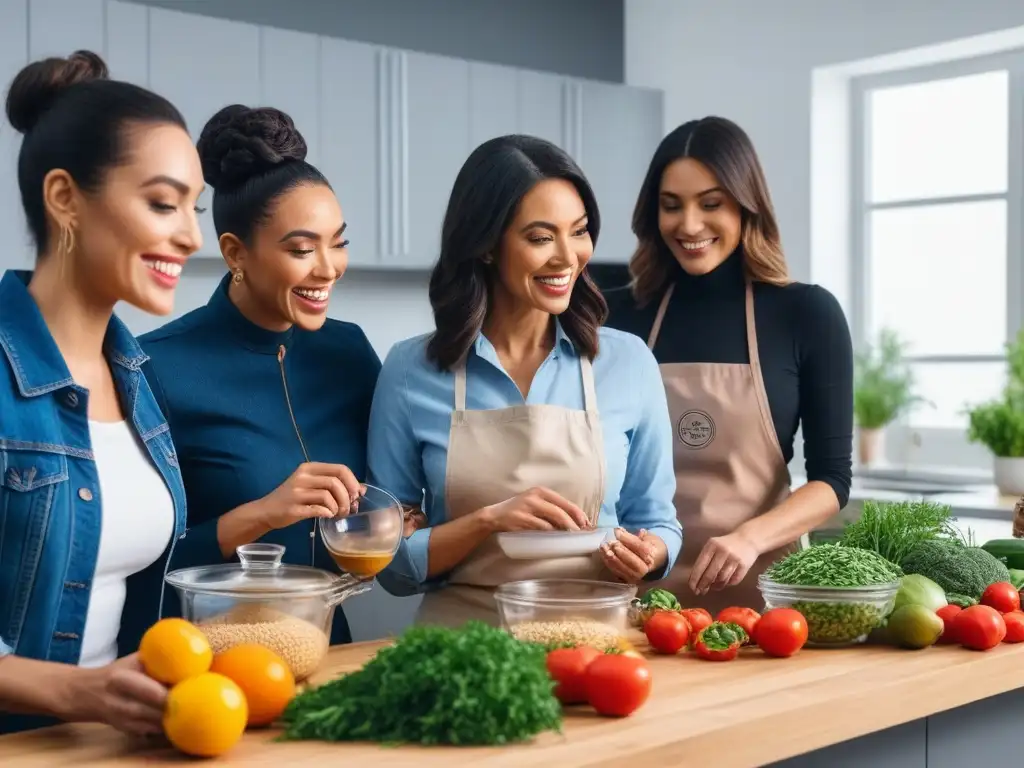 Cocina sin gluten: clase divertida y saludable con nutricionista Una nutricionista hispana enseña opciones saludables sin gluten a un grupo diverso en una cocina moderna y luminosa