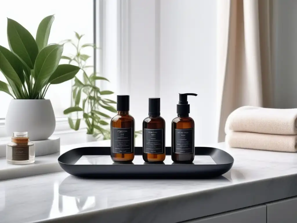 Belleza ética: productos veganos en baño minimalista Un oasis de belleza ética y lujo, con tratamientos de belleza veganos en envases minimalistas y elegantes