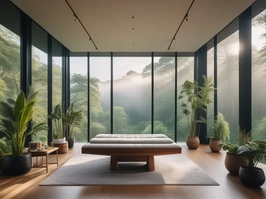Tratamiento ecoamigable en spa de lujo con vista al bosque Un oasis de belleza sostenible en un spa de lujo con vistas a un bosque verde
