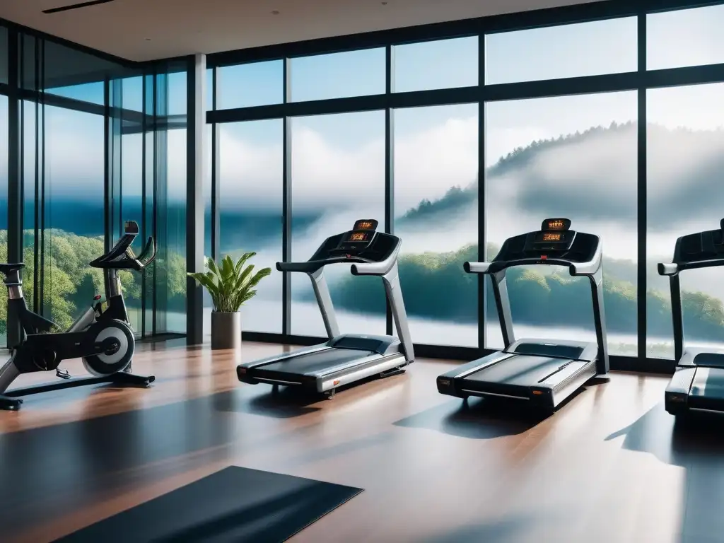 Centro fitness de lujo con vista natural relajante Un oasis de bienestar mental: equipamiento fitness de lujo en un centro con vistas a la naturaleza