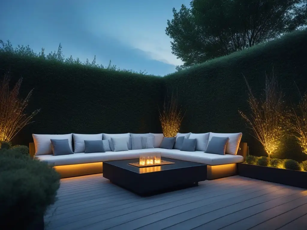 Terraza exterior inteligente: iluminación LED de lujo Un oasis de elegancia: terraza exterior con iluminación inteligente, muebles elegantes y exuberante vegetación