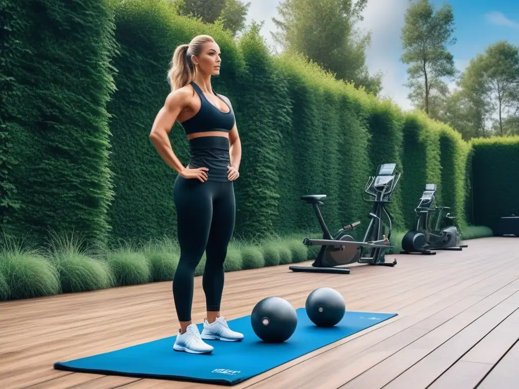Área fitness al aire libre: equipo de alta gama y entrenador motivador Un oasis de fitness al aire libre con equipamiento de lujo en un jardín exuberante y cielo azul