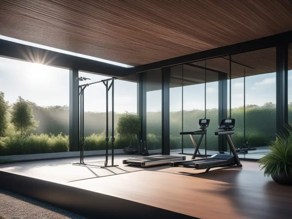 Jardín de lujo: gimnasio al aire libre de ensueño Un oasis de fitness de lujo en un jardín exuberante con equipamiento fitness de alta gama