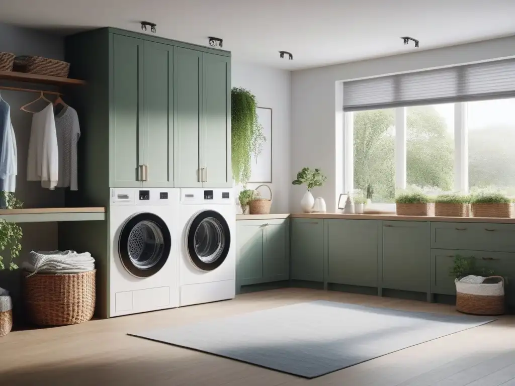 Lavandería moderna: ecofriendly y relajante Un oasis de lavado ecoamigable en tallas especiales: moderno cuarto con iluminación suave y ventana al jardín verde