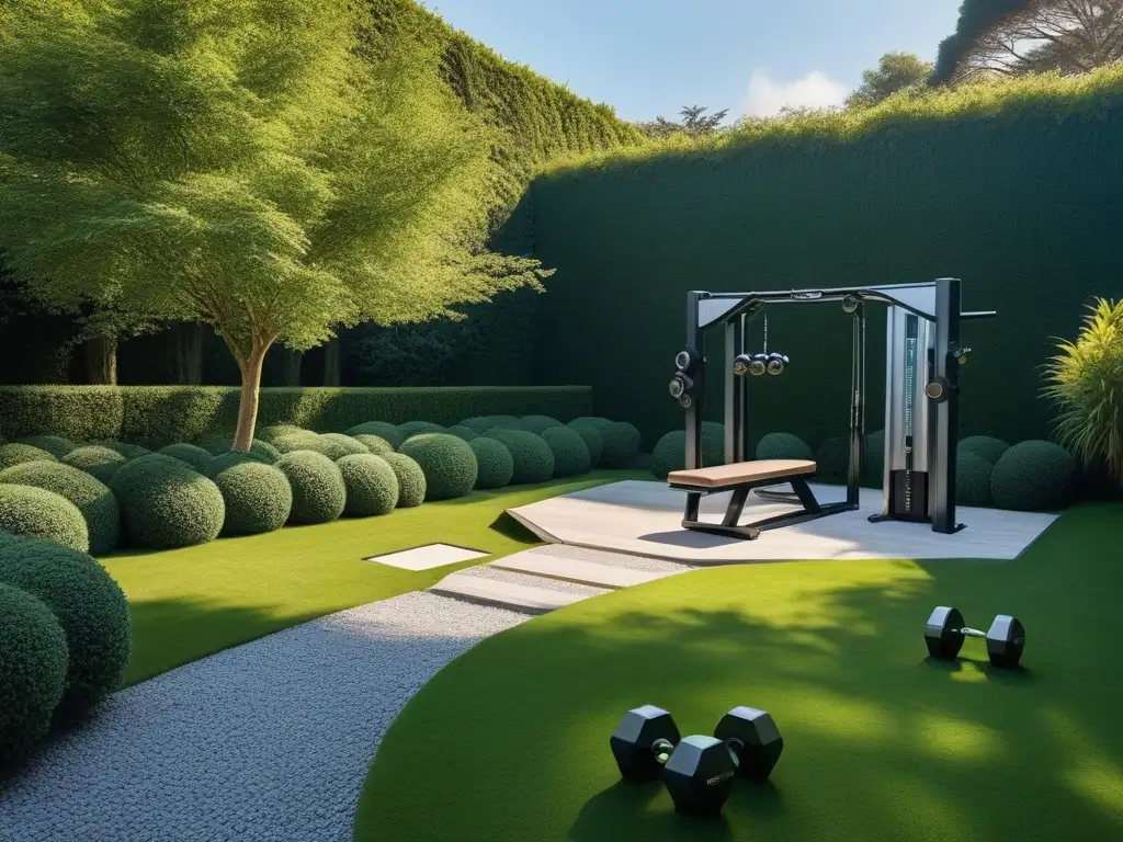 Jardín de lujo con gimnasio al aire libre: Equipo de fitness de alta gama entre exuberante vegetación Un oasis de lujo al aire libre con equipamiento fitness de alta gama en un jardín exuberante